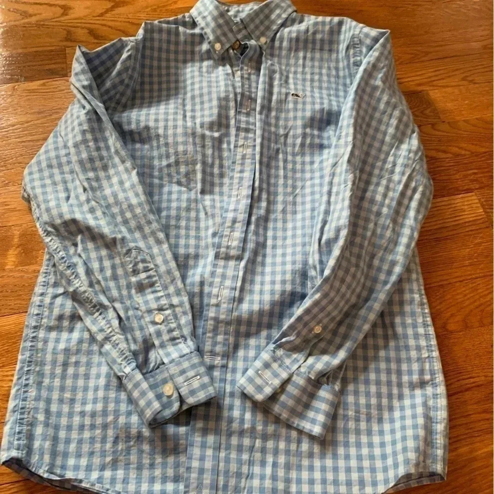 Vineyard Vines The Whale Shirt 100% Cotton Blue Gingham Size Large